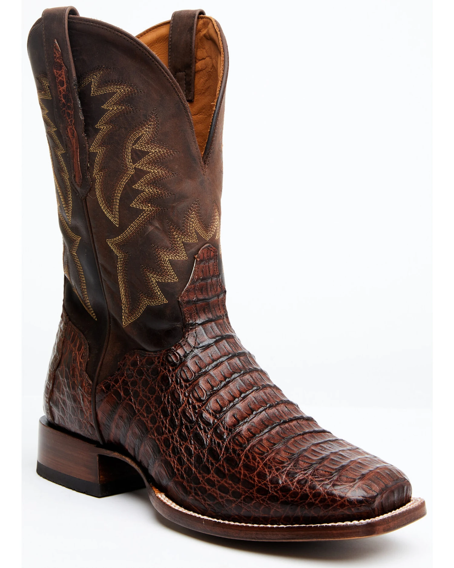 El Dorado Men's Handmade Caiman Back Brass Stockman Boots - Broad Square Toe 3 El Dorado Men's Handmade Caiman Back Brass Stockman Boots - Broad Square Toe