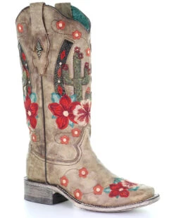 Corral Women's Cactus Floral Embroidery Overlay Western Boots - Square Toe