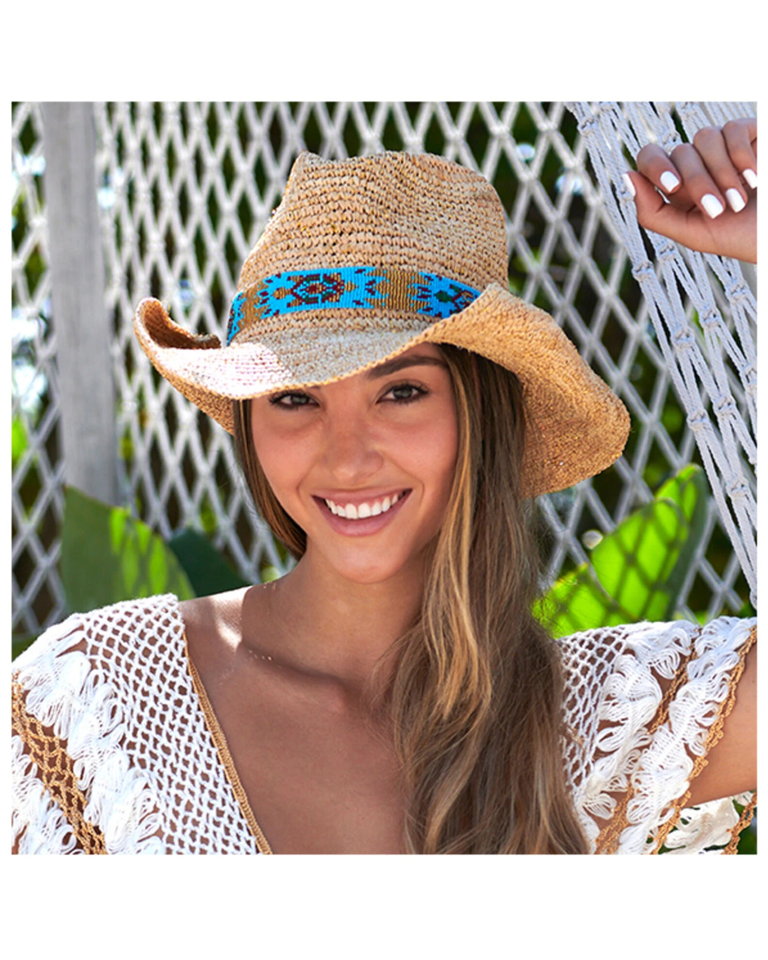Nikki Beach Women's Natural Mazatlan Crochet Raffia Straw Western Hat 5 Nikki Beach Women's Natural Mazatlan Crochet Raffia Straw Western Hat - Image 3